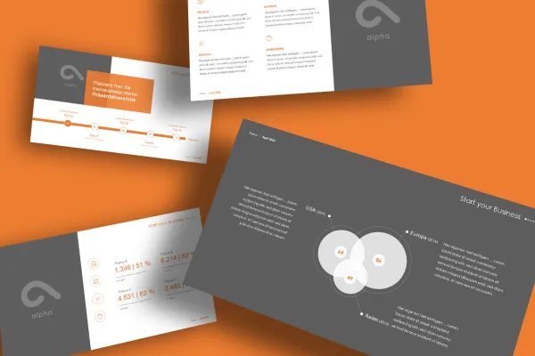 PowerPoint-maler for forretningspresentasjoner: Flere eksempelsider med ulike oppsett.
