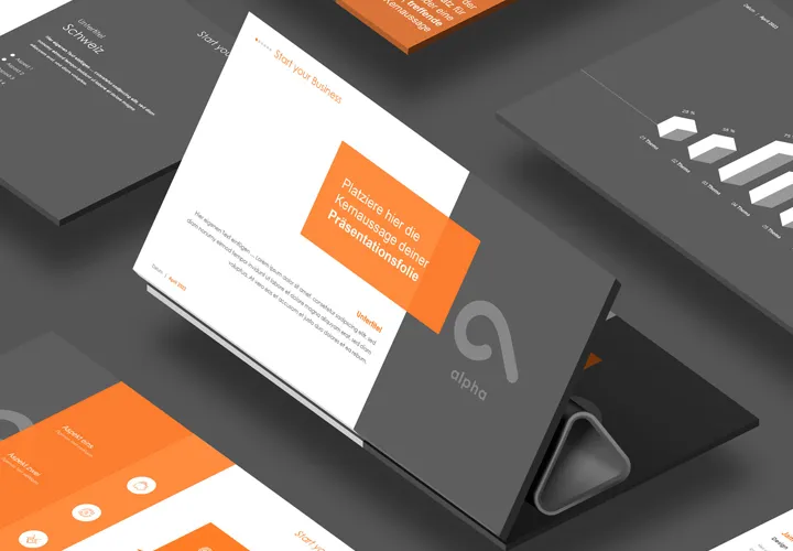 Modèles pour présentations professionnelles : Modèle "Alpha" pour PowerPoint, Keynote et Google Slides.