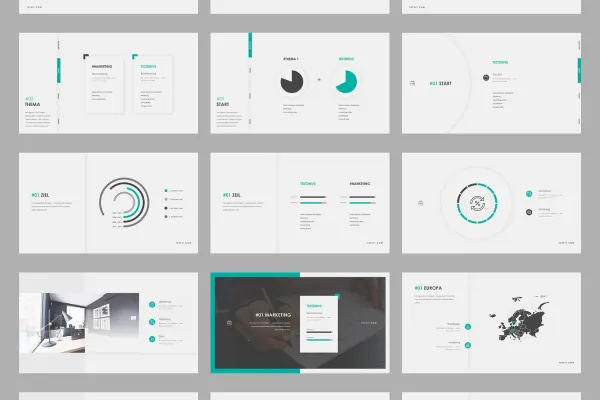 150 modelli di layout per Keynote in stile Air, anteprima di alcune diapositive selezionate.