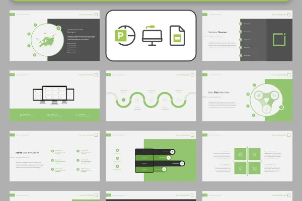 Modelli di presentazione Keynote, Google Slides, Microsoft PowerPoint con design quadrato, selezione delle 120 diapositive.