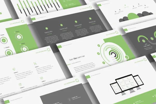 Modelli di presentazione per Keynote, Google Slides e Microsoft PowerPoint con design quadrato, slide di esempio.