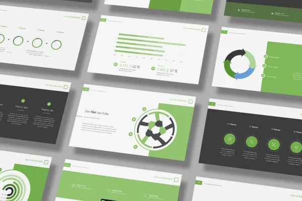 Modelli di presentazione Keynote, Google Slides e Microsoft PowerPoint con design quadrato, slide di esempio.