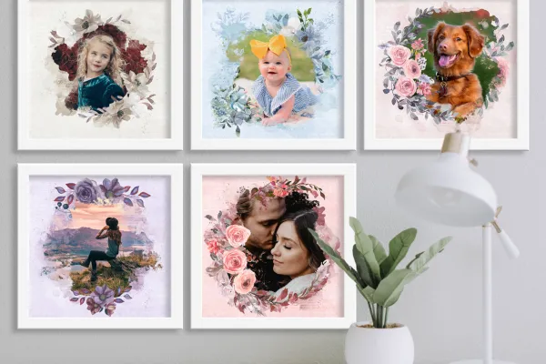 Preview of the 5 watercolor frames with delicate flowers