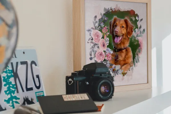 Photo with dog in a flowered watercolor frame, printed and framed