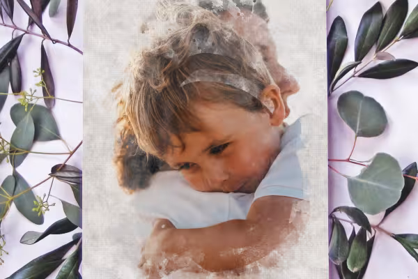 Foto di un bambino in una cornice con effetto acquerello