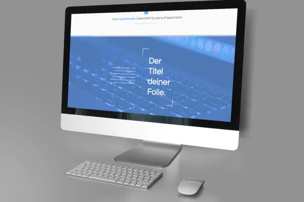 Dizaino šablonas „Sky“ „Google Slides“: pavadinimo skaidrė ant monitoriaus.