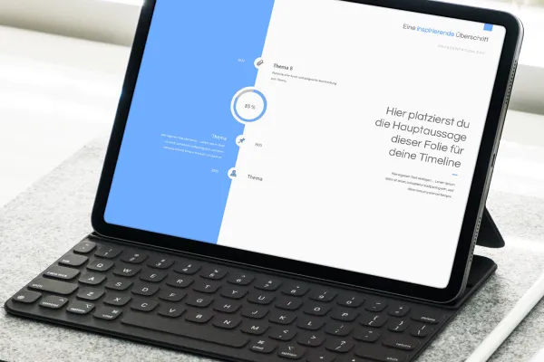 Dizaino šablonas „Sky“ „Google Slides“: laiko juosta išdėstyta ant nešiojamojo kompiuterio