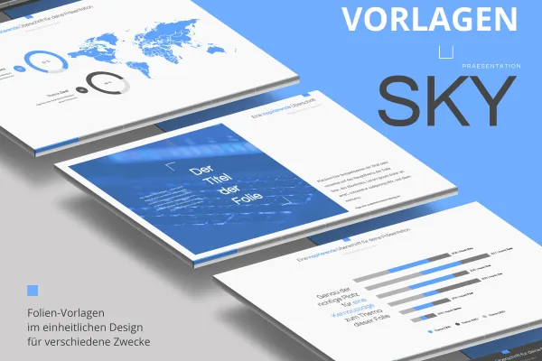 Dizaino šablonas "Sky" skirtas "Google Slides": įvairių išdėstymų peržiūra.