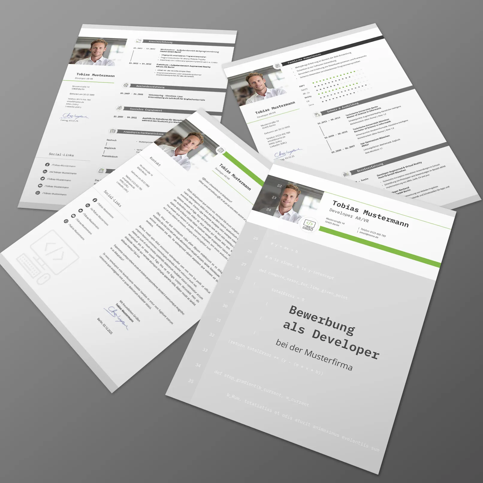 Deckblatt, Anschreiben-Seite und zweiseitigen Lebenslauf erhältst du in 5 Farbvarianten. Vorlagen für Bewerbung und Lebenslauf für Programmierer, Vorschau auf Deckblatt, Lebenslauf und Anschreiben-Seite