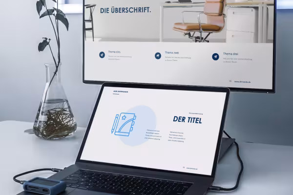 Diapositives de présentation du modèle Flow sur moniteur et ordinateur portable