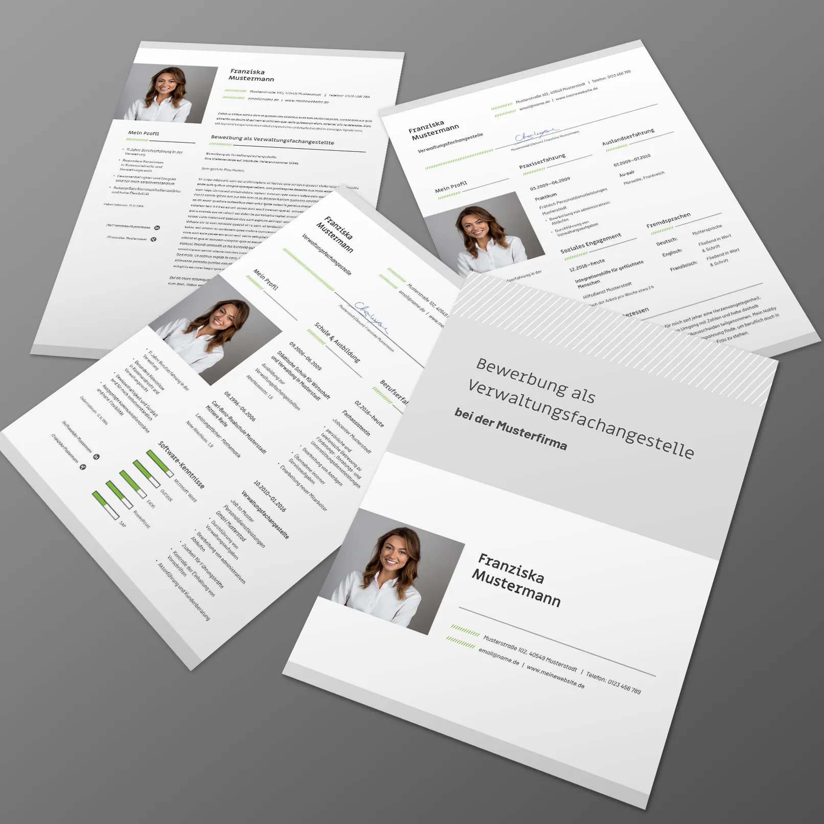 Alles drin: Vorlagen für Deckblatt, Anschreiben-Seite und zweiseitigen Lebenslauf. Vorlage zur Bewerbung als Verwaltungsfachangestellte/r mit Deckblatt, Anschreiben-Seite, Lebenslauf