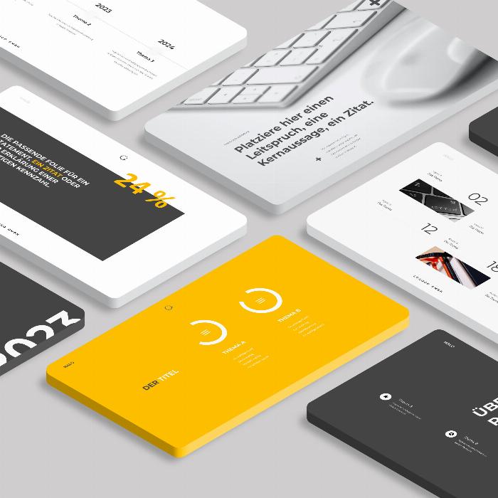 115 modèles de diapositives pour PowerPoint, Keynote et Google Slides dans un design intemporel et épuré inspiré de l'aspect "Halo".