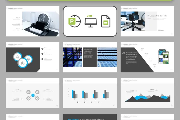 Vorschau auf verschiedene Folien-Layouts der Templates für PowerPoint, Google Slides und Keynote