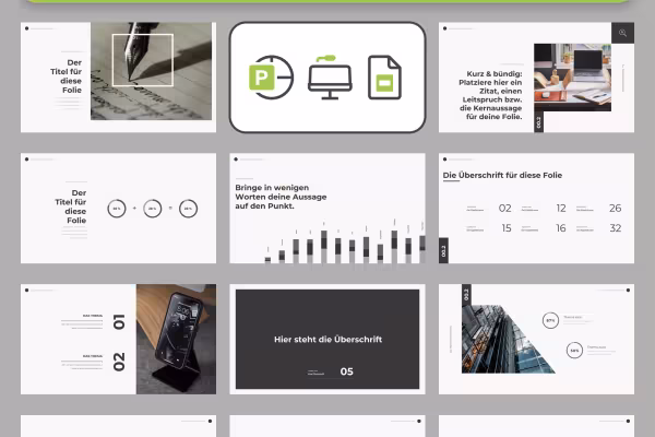 Keynote, PPT ve Google Slides için sunum şablonlarının bir seçkisinin önizlemesi.
