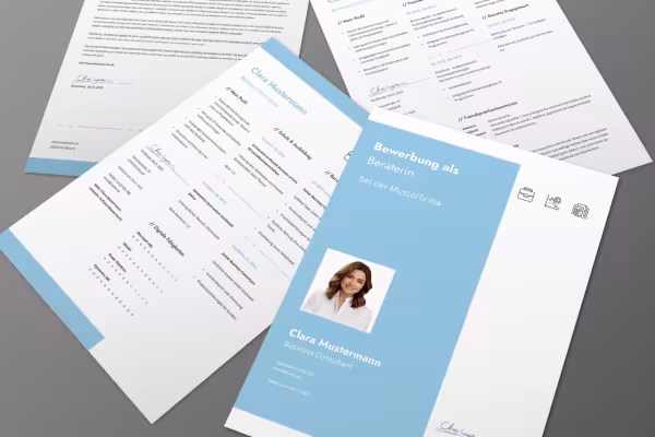 Forhåndsvisning av søknadsmalen for konsulent med forsiden, CV og søknadsside.