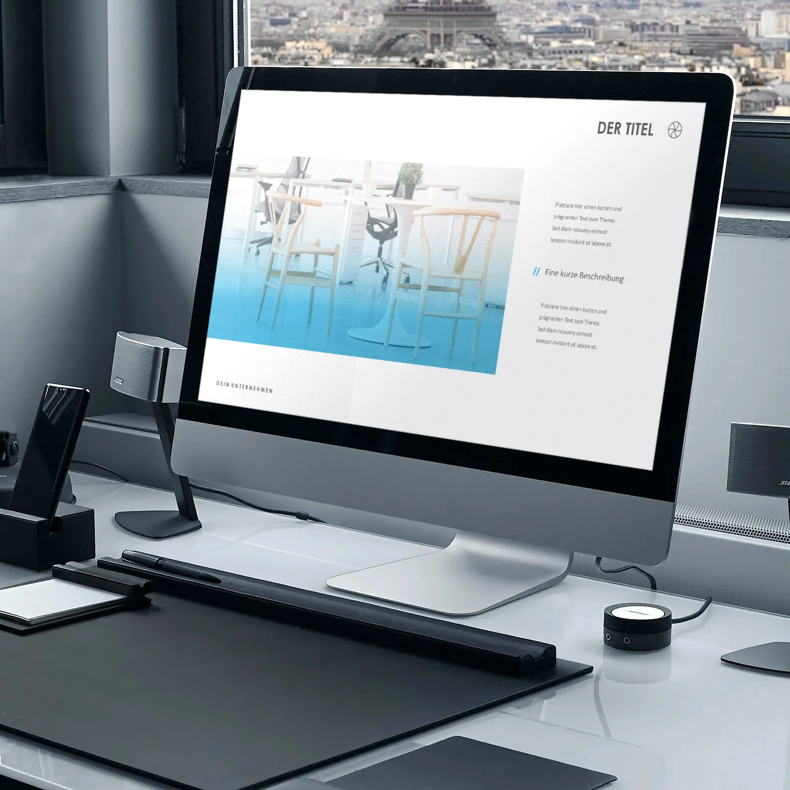 Eksempelslides fra designskabelonerne Space til Keynote, PowerPoint og Google Slides.