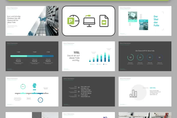 Vorschau auf verschiedene Folien der Vorlagen für Keynote, PowerPoint und Google Slides