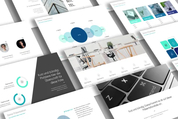 Eksempel på forskellige slides fra skabeloner til Keynote, PowerPoint og Google Slides.