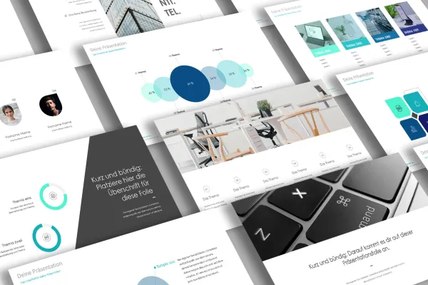 Vorschau auf verschiedene Folien der Vorlagen für Keynote, PowerPoint und Google Slides