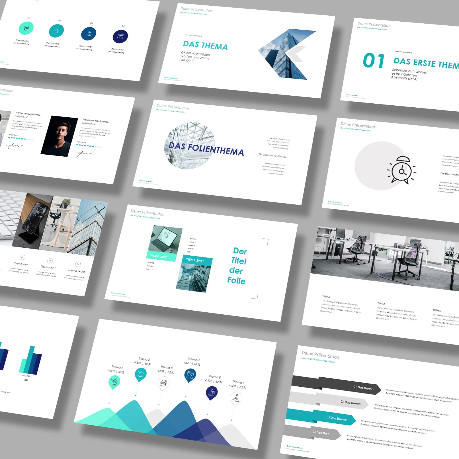 Anteprima di diverse diapositive dei modelli per Keynote, PowerPoint e Google Slides.