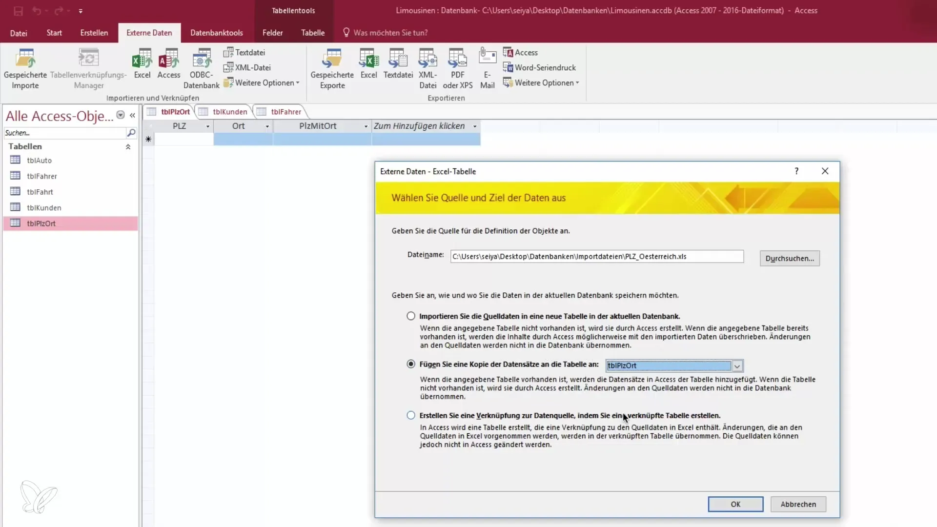 Importar códigos postais do Excel para o Access