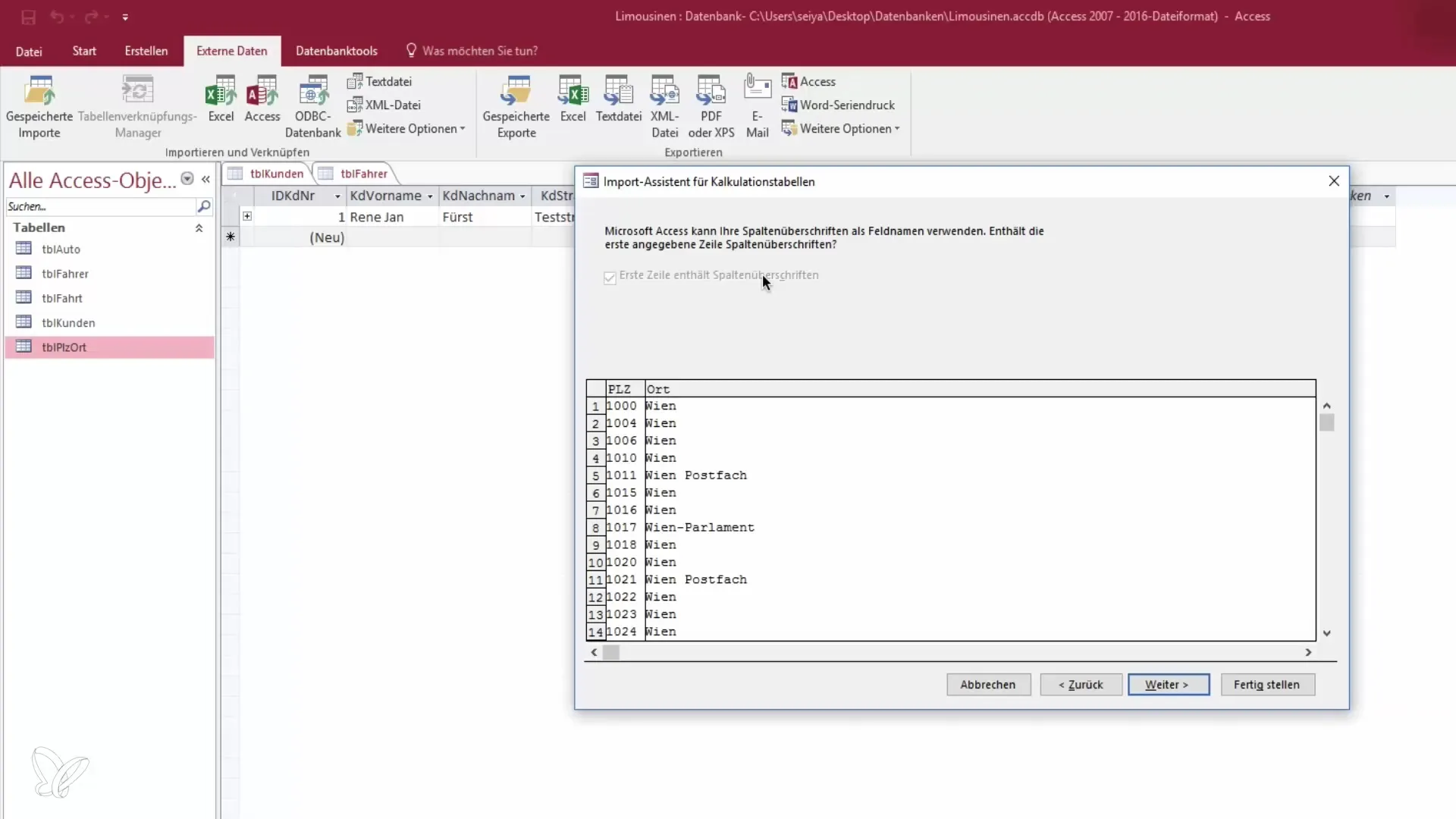 Importar códigos postais do Excel para o Access