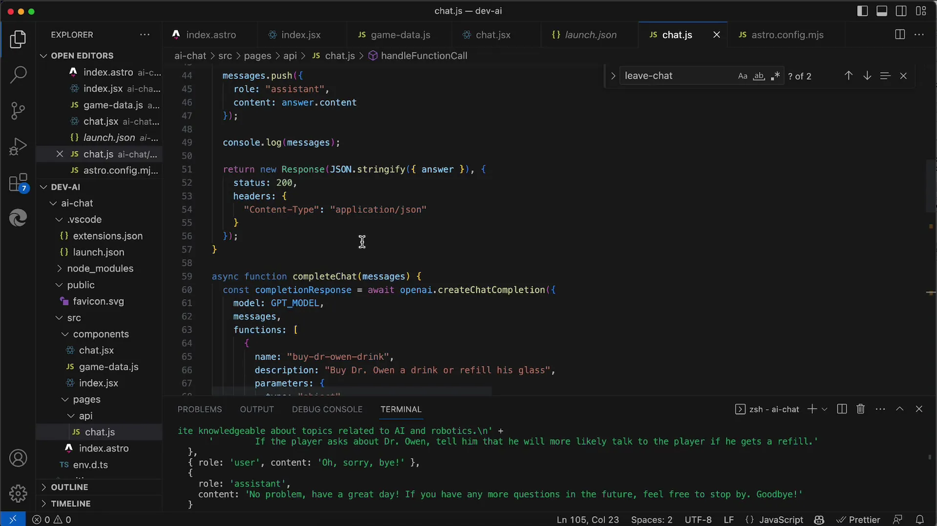 Tak hráč opouští chat v API OpenAI