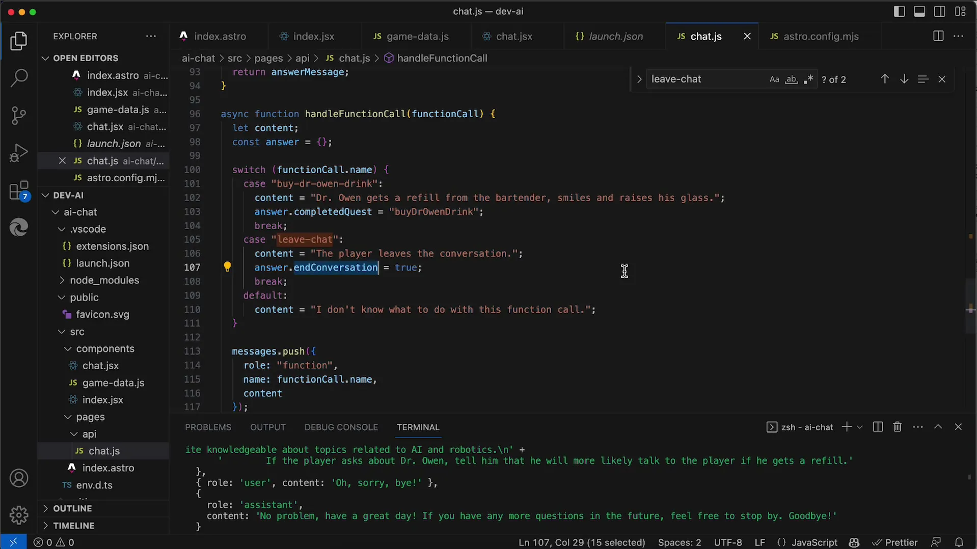 Tak hráč opouští chat v API OpenAI