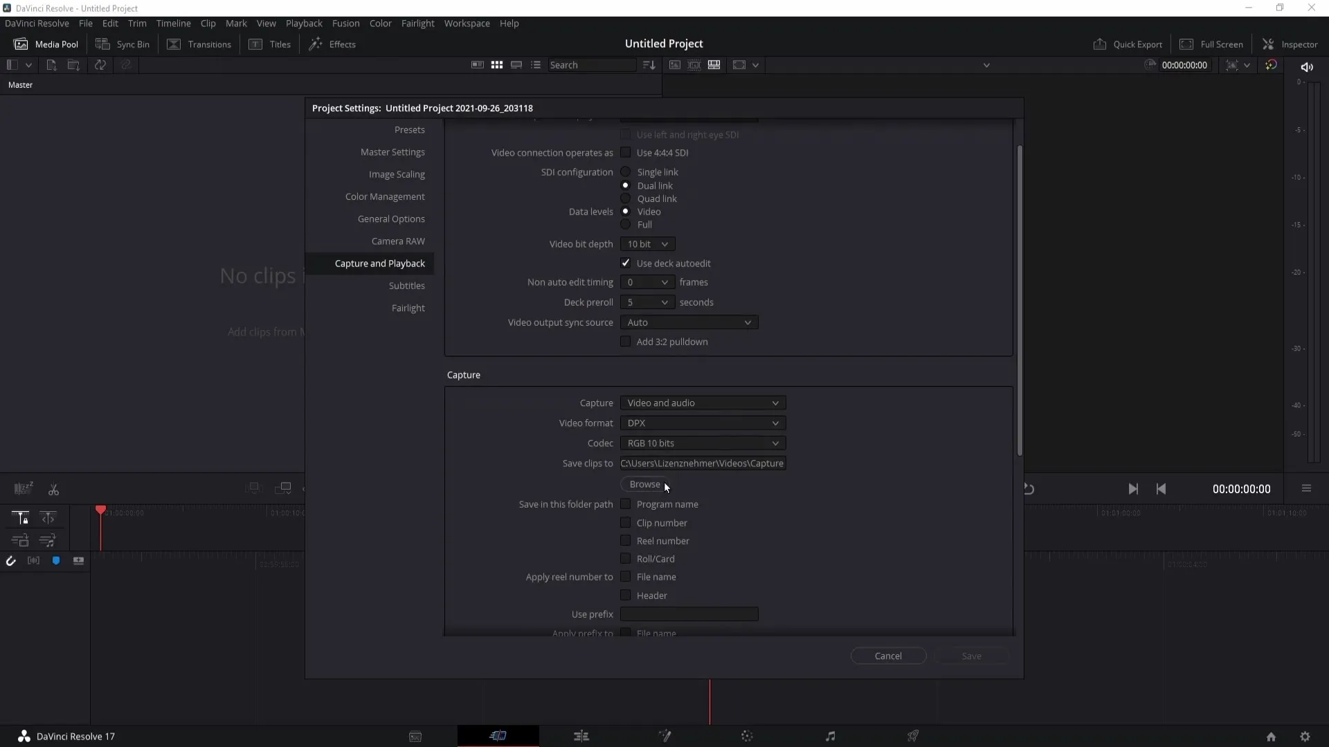 DaVinci Resolve: Změna umístění pro zálohu, pracovní složky a klipy