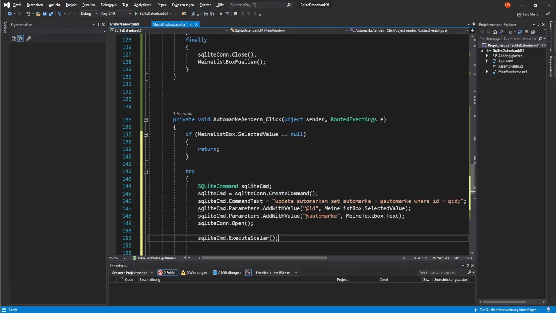 C#-Datenbankänderung für Automarken