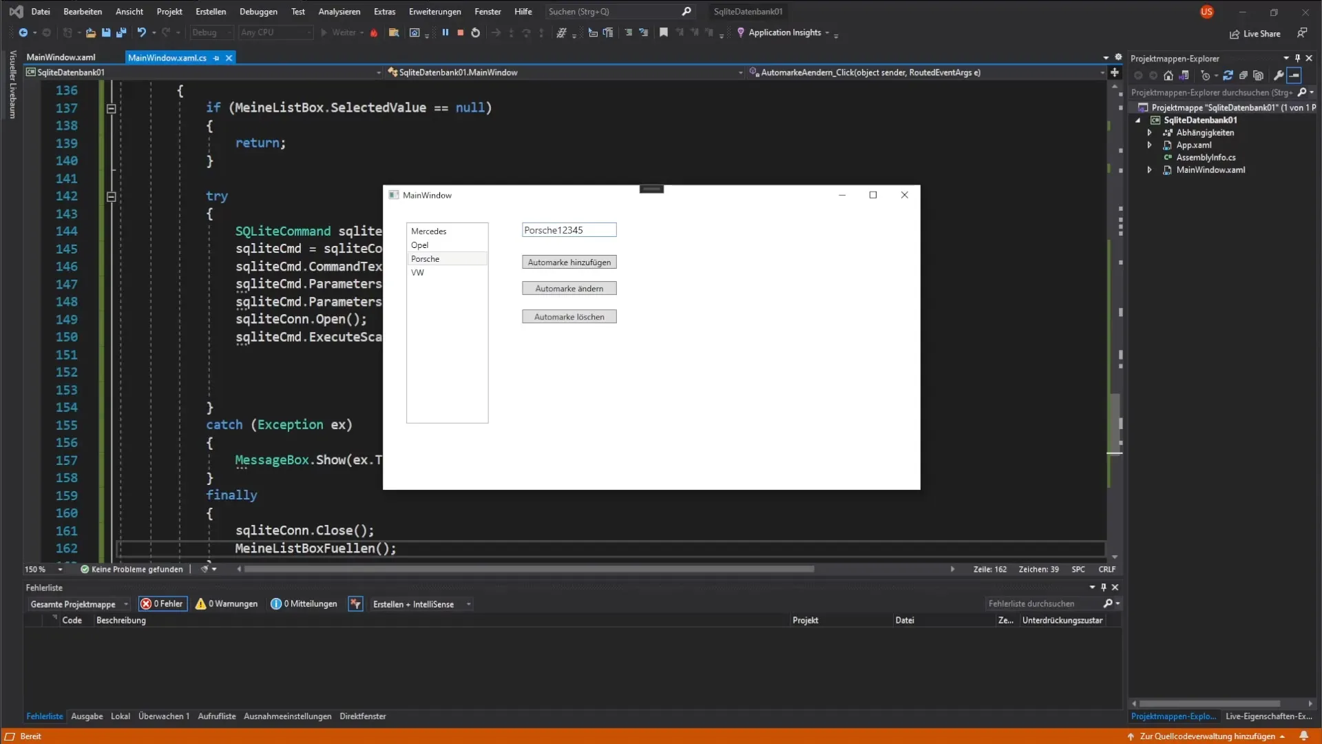 C#-Datenbankänderung für Automarken