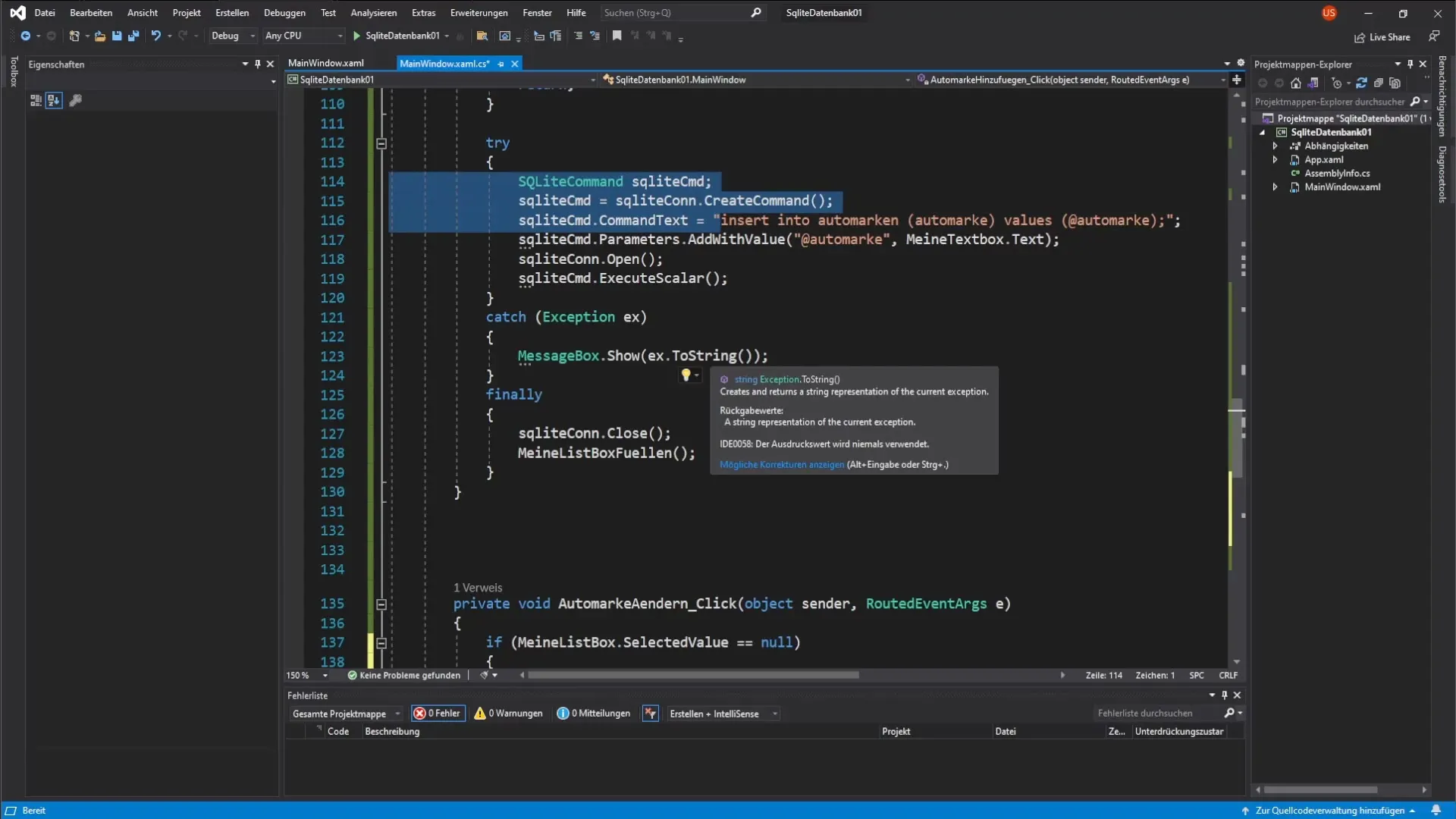 C#-Datenbankänderung für Automarken
