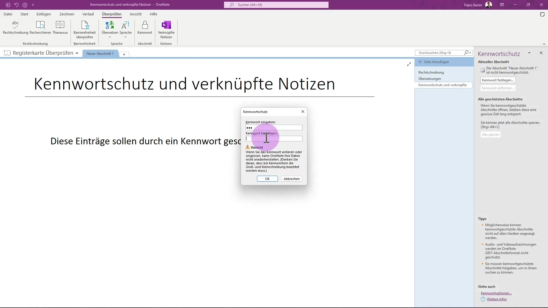 Kennwortschutz und Verknüpfte Notizen in OneNote einrichten Kennwortschutz und Verknüpfte Notizen in OneNote einrichten