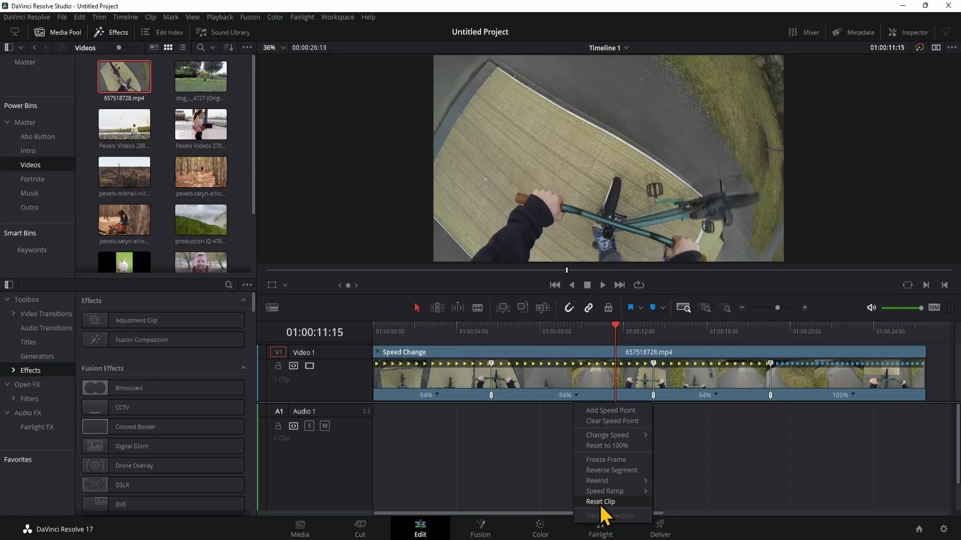 Návod k použití ovládacích prvků Retime v programu DaVinci Resolve