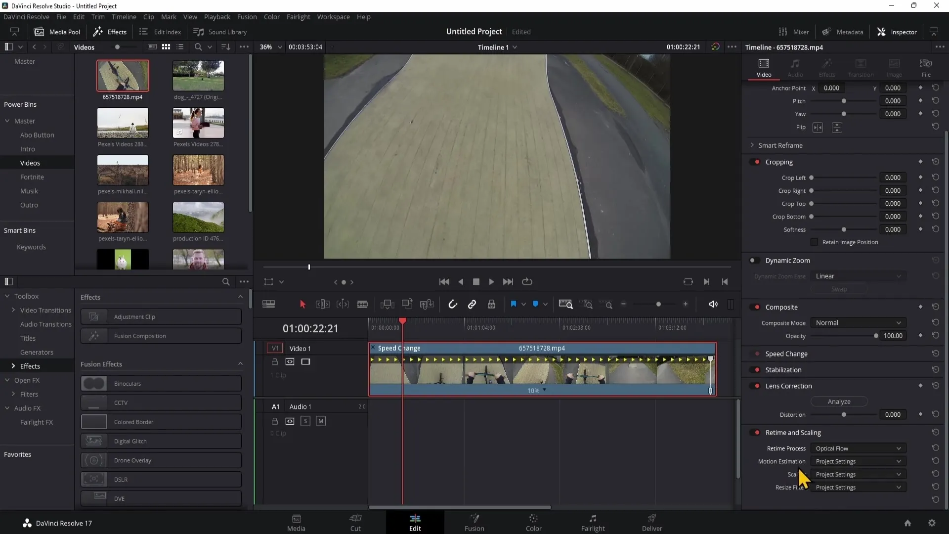 Návod k použití ovládacích prvků Retime v programu DaVinci Resolve