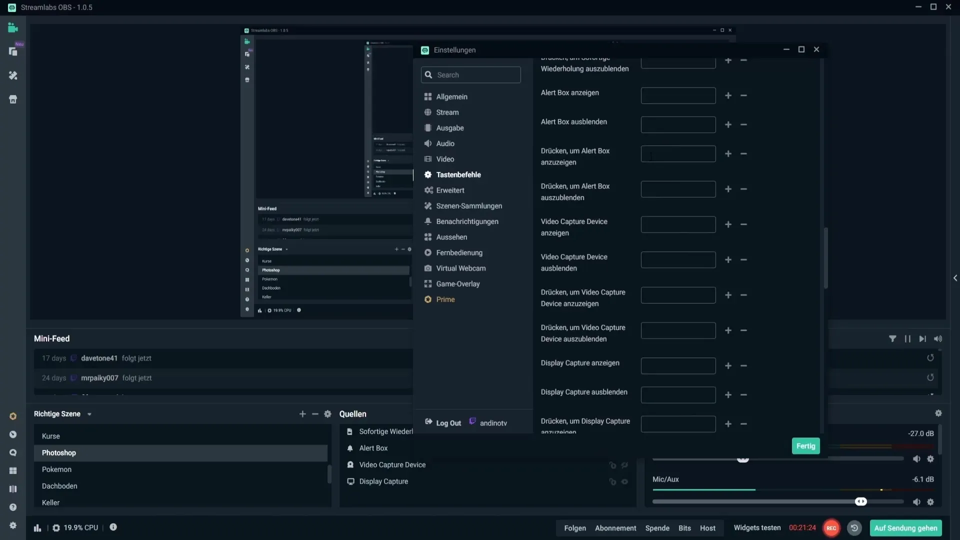 Tastenkürzel in Streamlabs OBS Einrichten Tastenkürzel in Streamlabs OBS Einrichten