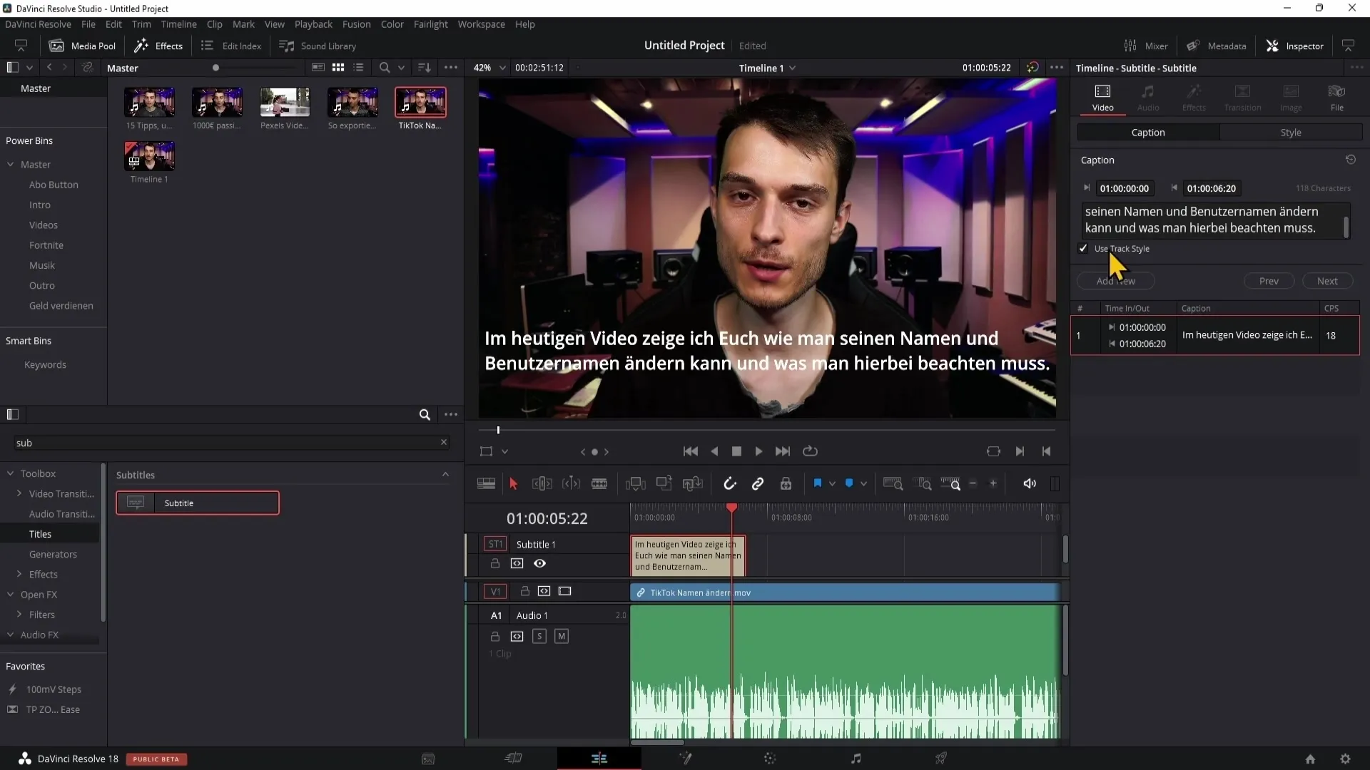 Vytvořte titulky a exportujte je v programu DaVinci Resolve 5.14