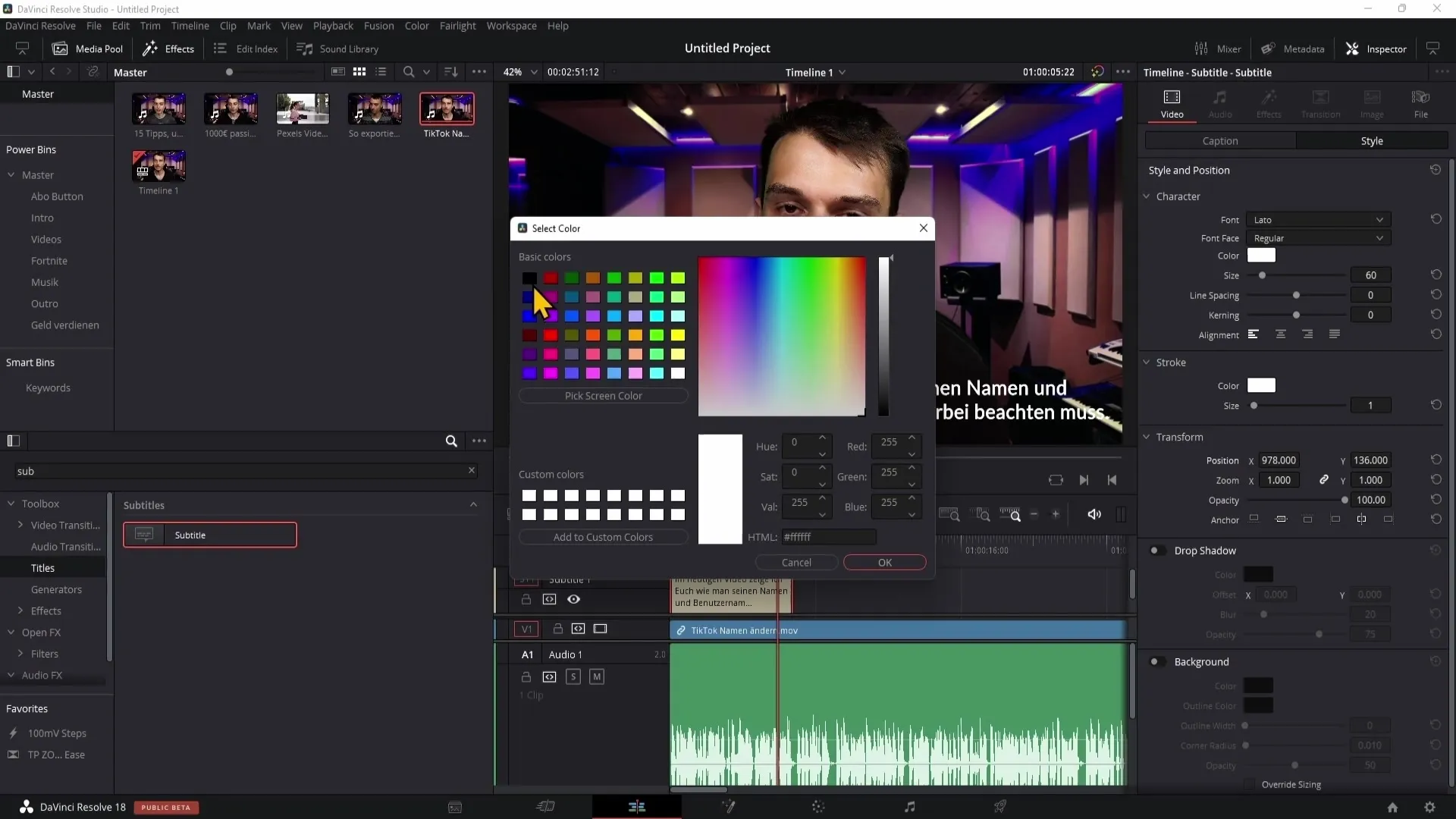 Vytvoření a exportování titulků v programu DaVinci Resolve 5.14