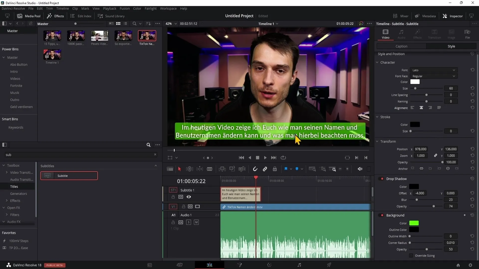 Vytvořte titulky a exportujte je v programu DaVinci Resolve 5.14