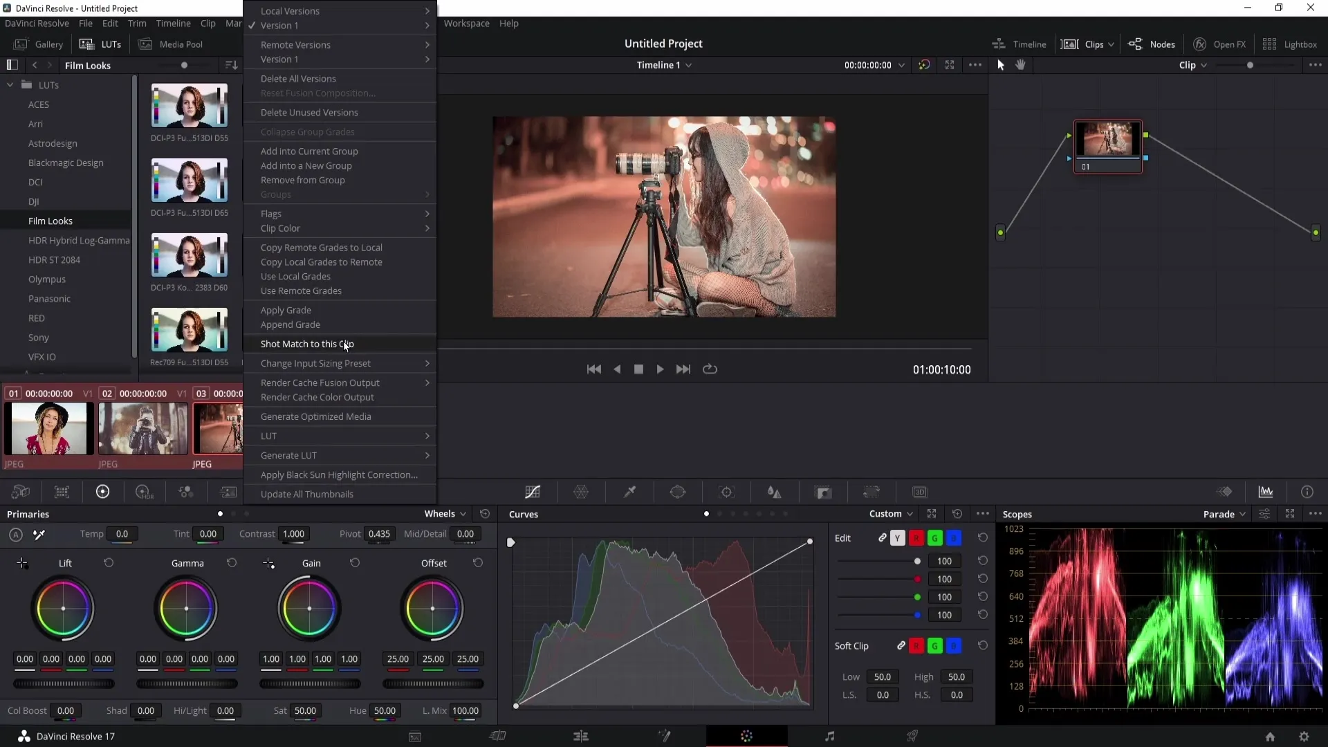 Přenášení barevného tónování v programu DaVinci Resolve efektivně