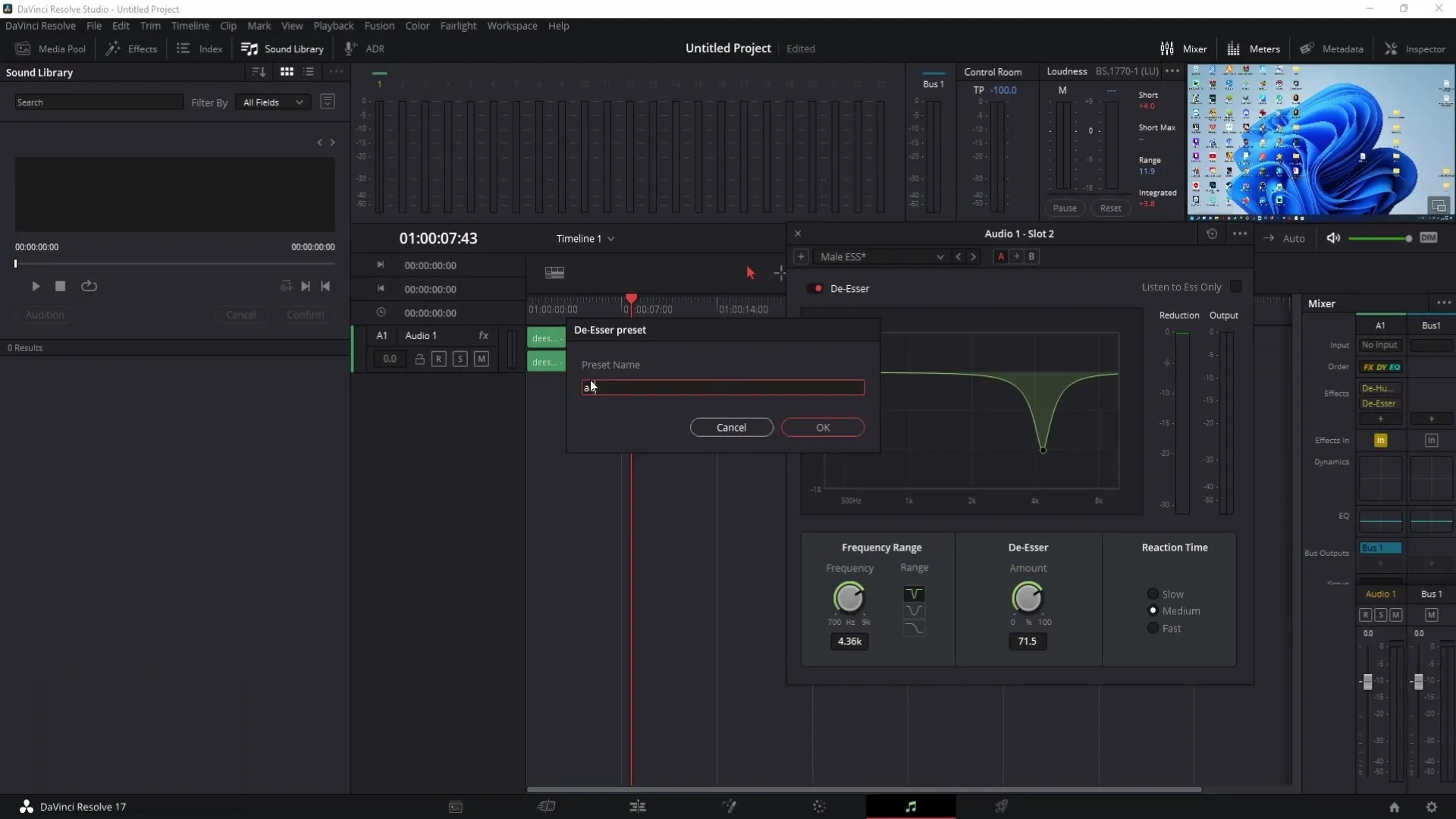Odstraňte hlasité zvuky S, ch nebo hučení v programu DaVinci Resolve