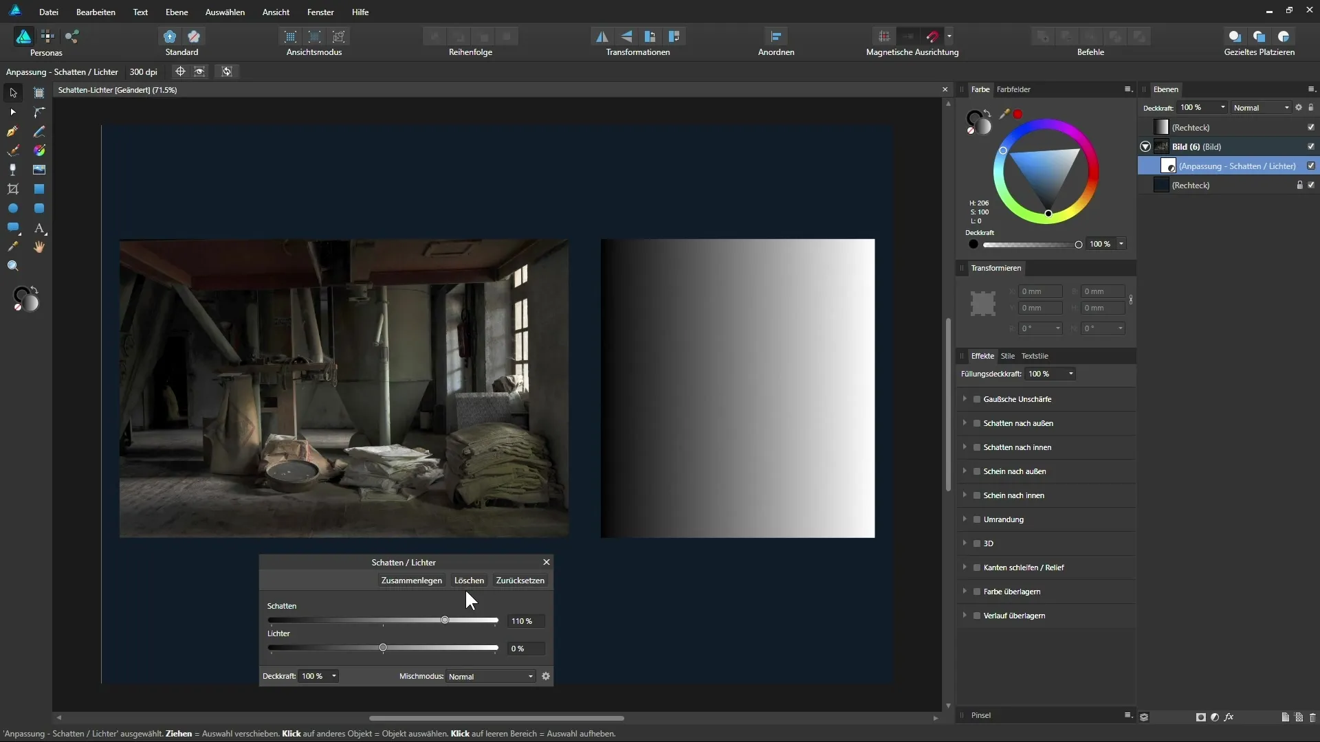 Skygger og lys optimalt i Affinity Designer justere