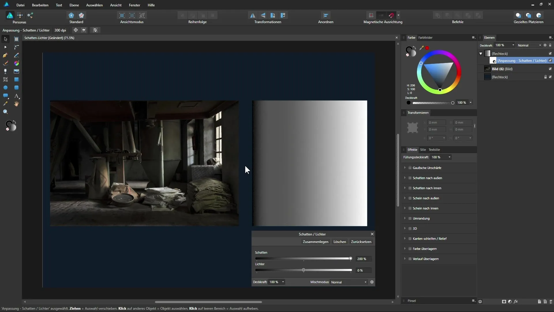 Skygger og lys optimalt i Affinity Designer justere