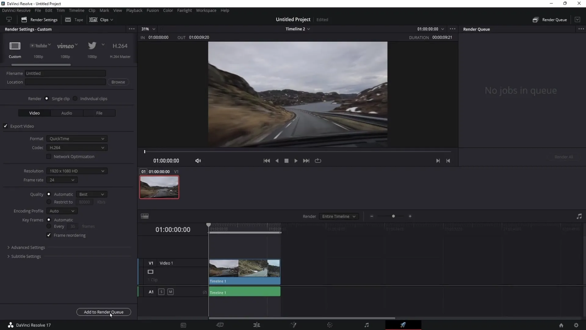 Instructions on how to fix the issue with the grayed-out "Add to Render Queue" button in DaVinci Resolve