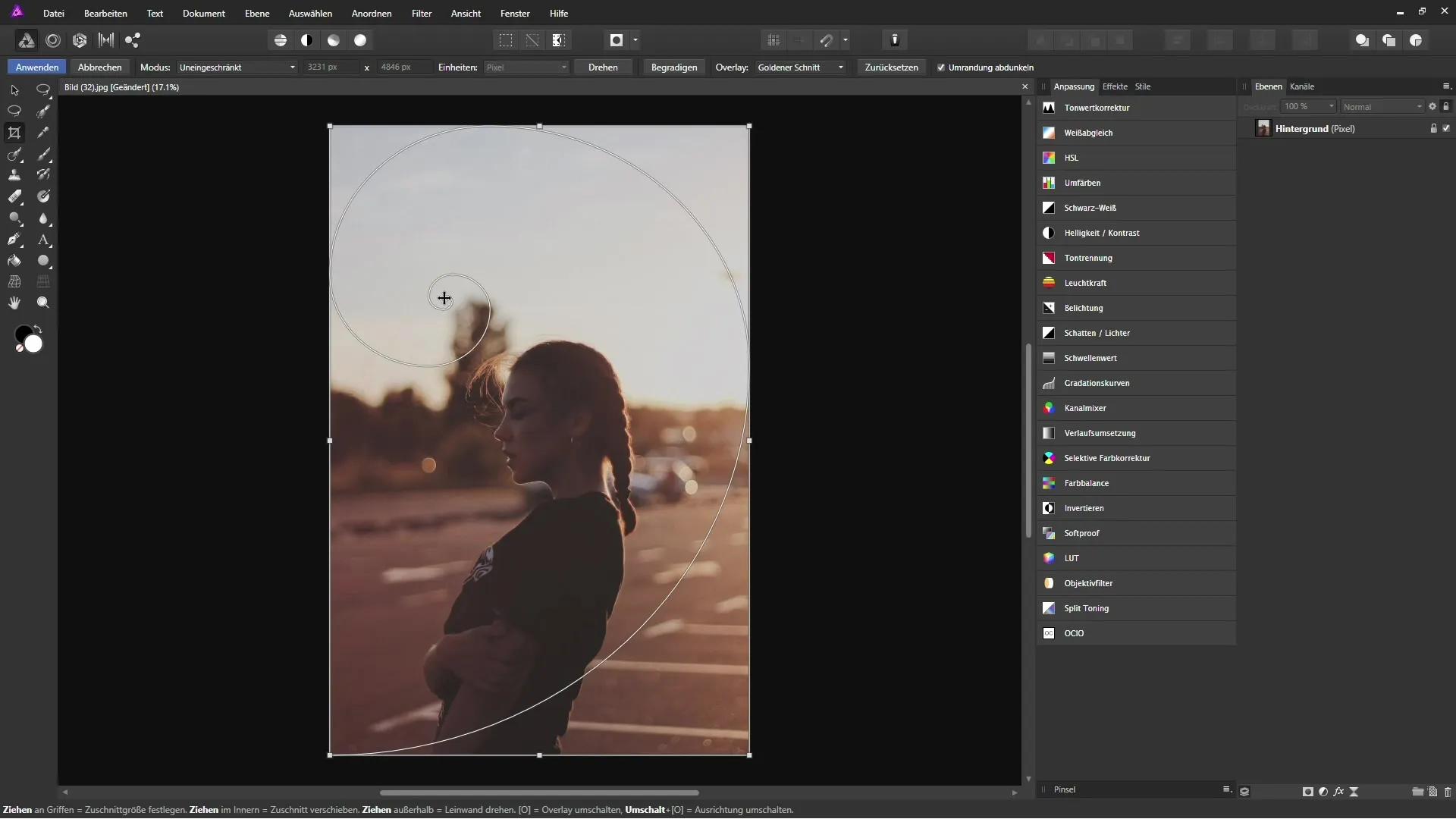 Zuschneiden mit dem Zuschneiden-Werkzeug in Affinity Photo
