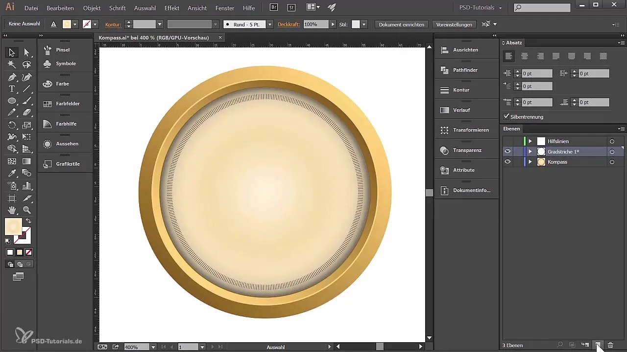 Gradų brūkšniai kompasui Adobe Illustrator programoje sukurti