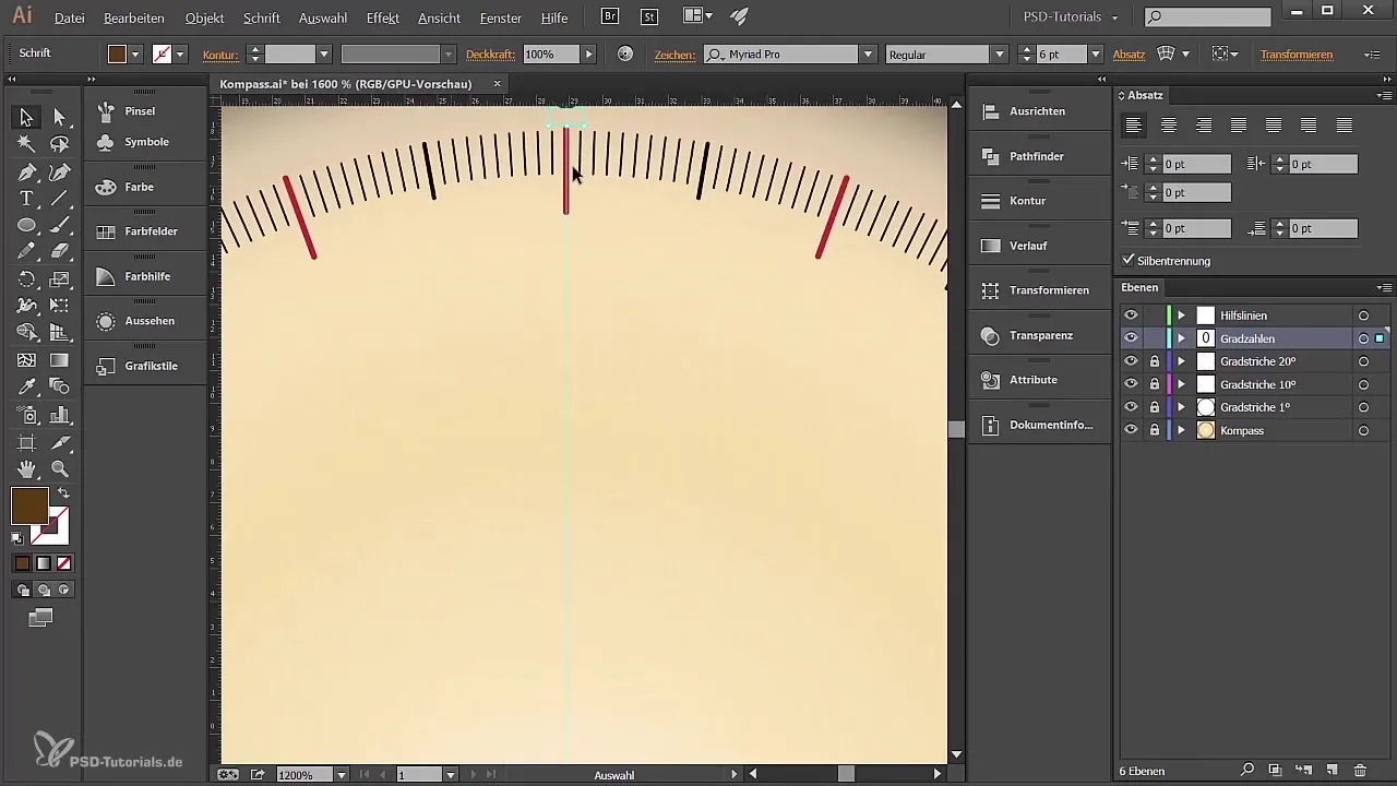 Kurdžių brūkšniai kompasui sukurti Adobe Illustrator
