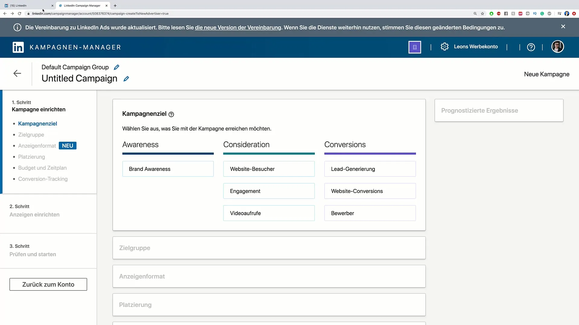 Nastavit reklamní účet LinkedIn a definovat cíle kampaně