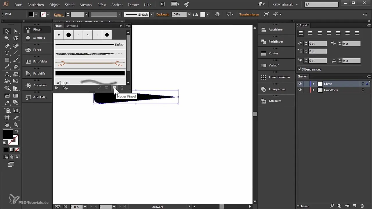 Katės dizainas Illustrator - Ausis ir pilvas formuoti