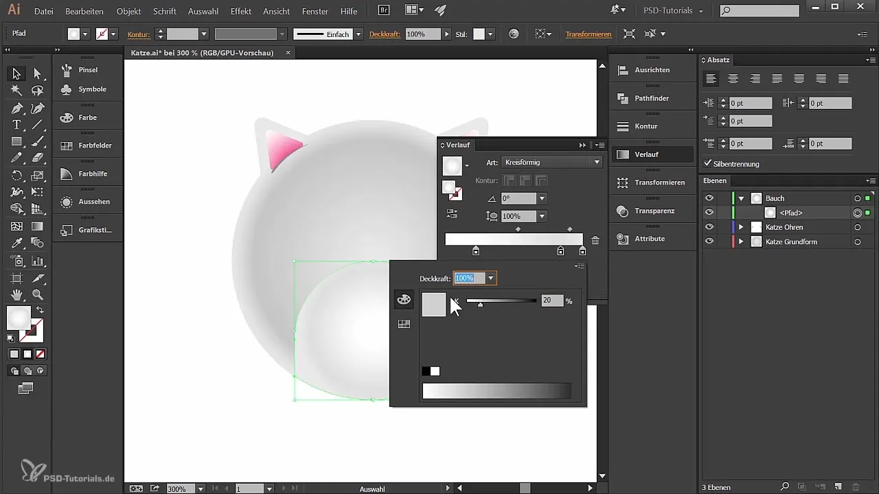 Katės dizainas Illustrator programoje - ausys ir pilvas